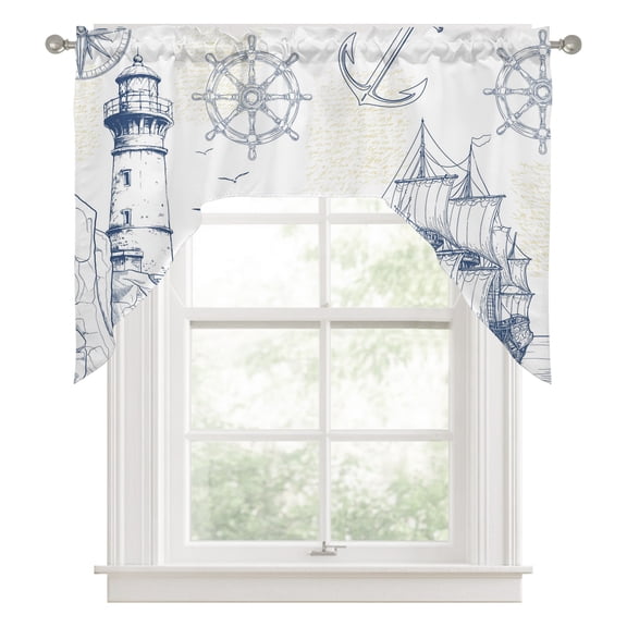 Lighthouse Sailboat Seagull Swag Valance for Windows, Nautical Ship Ocean Blue Sketch Swag Curtains Valances for Small Window Treatment Rod Pocket for Kitchen Bathroom 1 Panel 56x36in