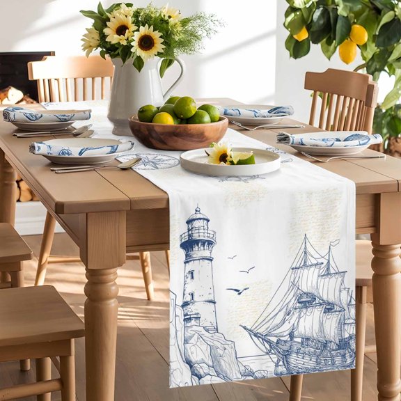 Lighthouse Sailboat Seagull Table Runner, Nautical Ship Ocean Blue Sketch Washable Kitchen Table Runners Dress Scarves for Dining Table Decorations Party/Restaurant/Indoor Outdoor Use, 18x72in