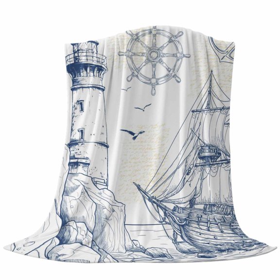Lighthouse Sailboat Seagull Throw Flannel Blanket Nautical Ship Ocean Blue Sketch Super Soft Cozy Bed Blanket, Lightweight Plush Fuzzy Bed Throw for Bedroom Sofa Couch Living Room 30x40In,