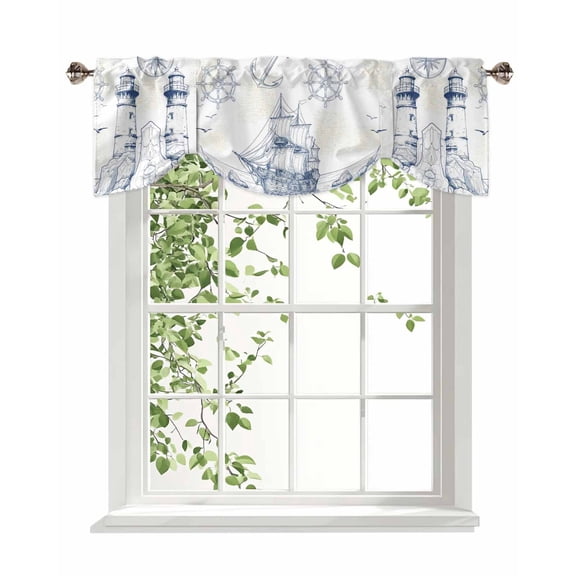 Lighthouse Sailboat Seagull Tie Up Valances Curtain, Adjustable Kitchen Nautical Ship Ocean Blue Sketch Valances for Windows Decor, Rod Pocket Short Curtains Set for Bedroom/Bathroom, 54"x18"