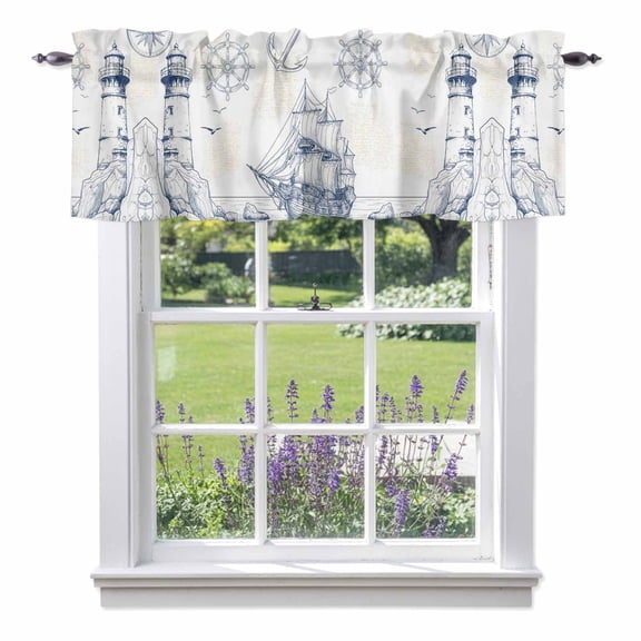 Lighthouse Sailboat Seagull Valance Curtain Nautical Ship Ocean Blue Sketch Window Valances Rod Pocket Short Curtains Window Treatments for Kitchen Bedroom Bathroom Laundry 56" x 16"