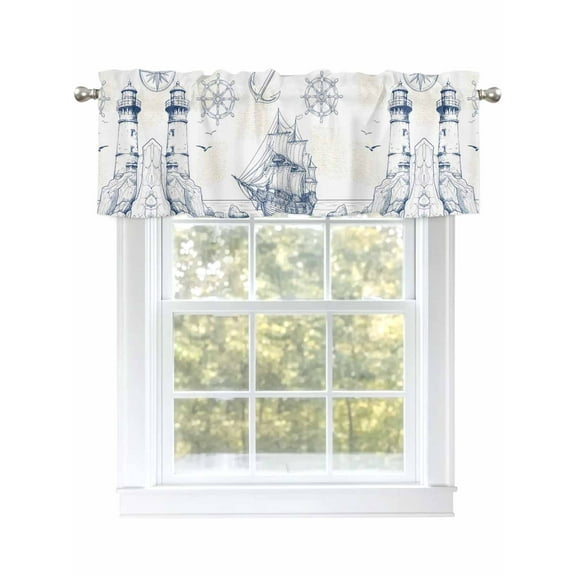 Lighthouse Sailboat Seagull Valances for Windows Nautical Ship Ocean Blue Sketch Rod Pocket Curtains Valance Short Window Treatment Drapes for Living Room, Bedroom Bathroom 60" W x 18" L