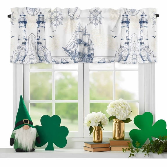 Lighthouse Sailboat Seagull Valances for Windows, Nautical Ship Ocean Blue Sketch Rod Pocket Valance Short Window Treatments Curtains for Kitchen Bathroom Bedroom Decor, 60 x 18 Inches