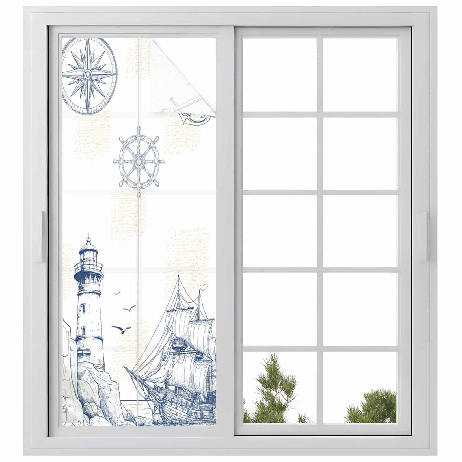 Lighthouse Sailboat Seagull Window Privacy Film, Nautical Ship Ocean Blue Sketch Frosted Glass Window Clings Static Cling UV Heat Blocking Reusable Door Sticker for Bathroom 23.6 x 59 Inch
