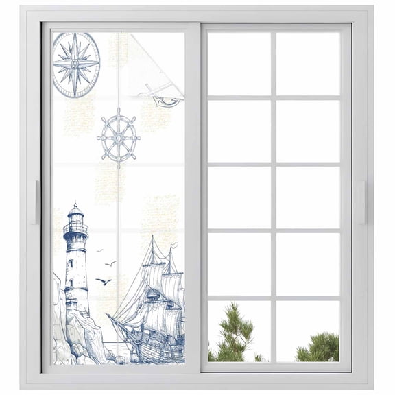 Lighthouse Sailboat Seagull Window Privacy Film, Nautical Ship Ocean Blue Sketch Frosted Glass Window Clings Static Cling UV Heat Blocking Reusable Door Sticker for Bathroom 23.6 x 59 Inch