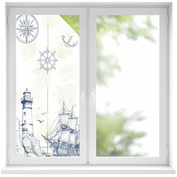 Lighthouse Sailboat Seagull Window Privacy Film, Nautical Ship Ocean Blue Sketch Frosted Glass Window Clings Static Cling UV Heat Blocking Reusable Door Sticker for Bathroom 17.7 x 39.3 Inch