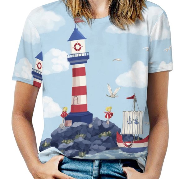 Lighthouse Sailboat Seagulls Women's T-Shirt Short Sleeve T Shirts Tops Tee Ladies Loose T