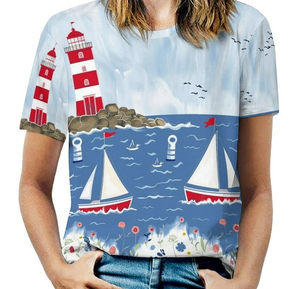 Lighthouse Sailboats Floral Ocean-1 Women's T-Shirt Short Sleeve T Shirts Tops Tee Ladies Loose T
