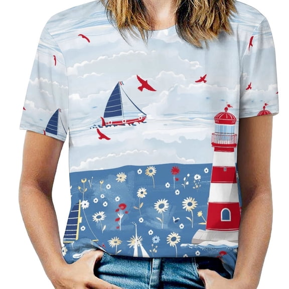 Lighthouse Sailboats Floral Ocean Womens Tops Women's Fashion Casual Short Sleeve Flower Print Round Neck Pullover Top Blouse