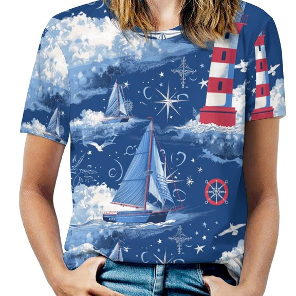 Lighthouse Sailboats Night Sky Women's Short Sleeve Tops Casual Blouses T Shirt