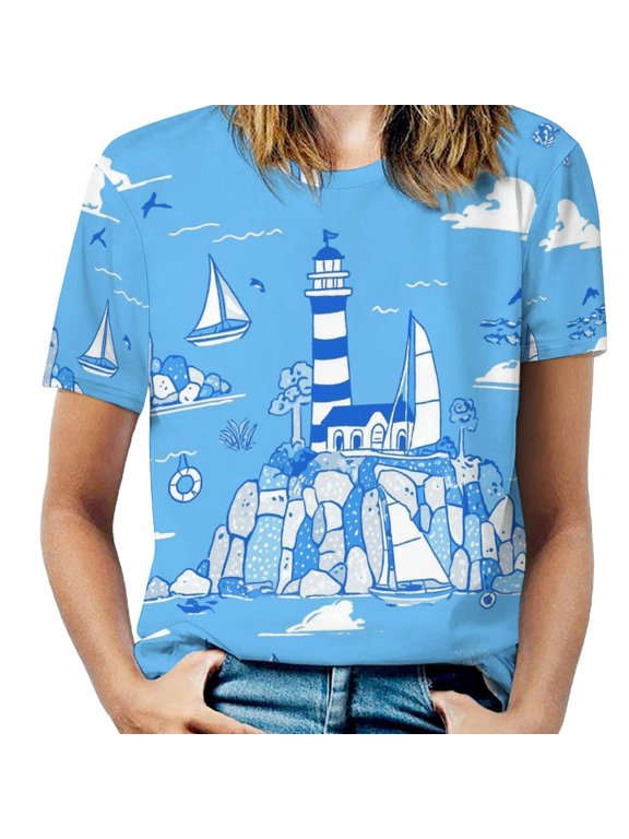 Lighthouse Sailboats Ocean Blue Women's T-Shirt Short Sleeve T Shirts Tops Tee Ladies Loose T