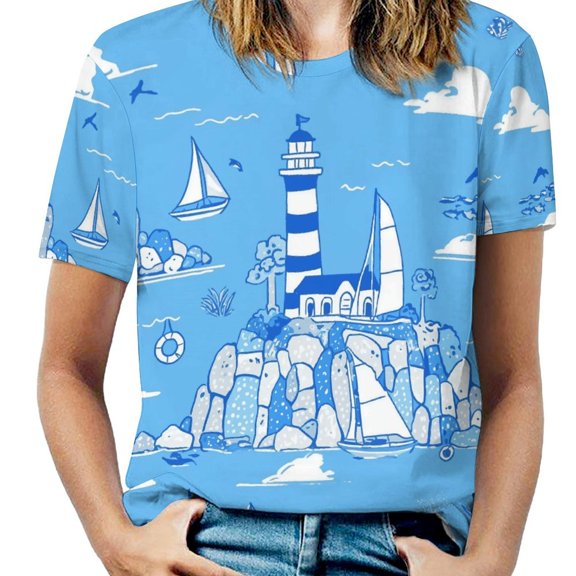 Lighthouse Sailboats Ocean Blue Womens Tops Women's Fashion Casual Short Sleeve Flower Print Round Neck Pullover Top Blouse