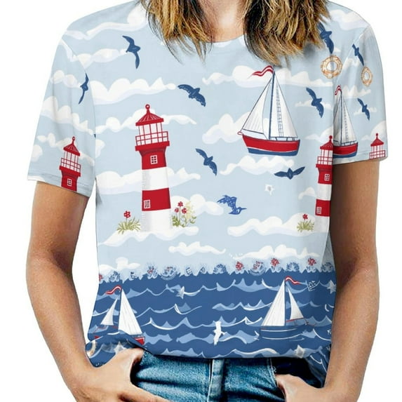 Lighthouse Sailboats Ocean Waves(1)-1 Women's Short Sleeve Tops Casual Blouses T Shirt