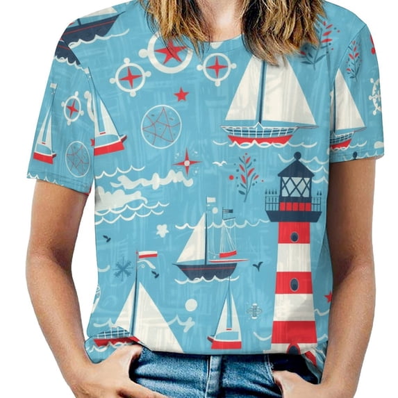 Lighthouse Sailboats Ocean Waves-1 Women's Short Sleeve T-Shirt Crew Neck Casual Summer Trendy Loose Fit Tops