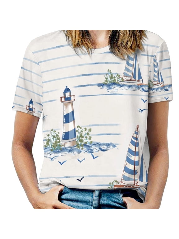 Lighthouse Sailboats Ocean Waves-2 Women's Short Sleeve Tops Casual Blouses T Shirt