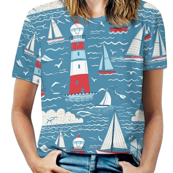 Lighthouse Sailboats Ocean Waves-3 Womens Tops Women's Fashion Casual Short Sleeve Flower Print Round Neck Pullover Top Blouse