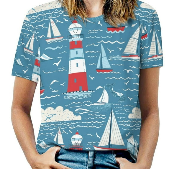 Lighthouse Sailboats Ocean Waves-3 Womens Tops Women's Fashion Casual Short Sleeve Flower Print Round Neck Pullover Top Blouse