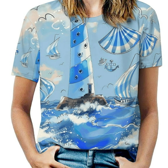 Lighthouse Sailboats Ocean Waves-5 Women's Short Sleeve T-Shirt Crew Neck Casual Summer Trendy Loose Fit Tops