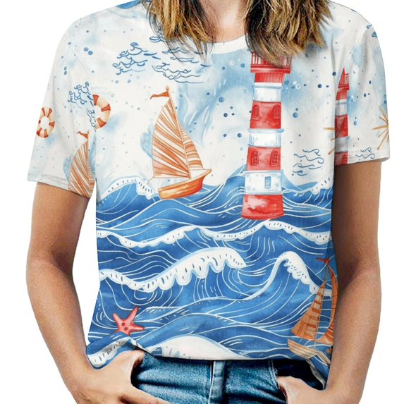Lighthouse Sailboats Waves Womens Tops Women's Fashion Casual Short Sleeve Flower Print Round Neck Pullover Top Blouse