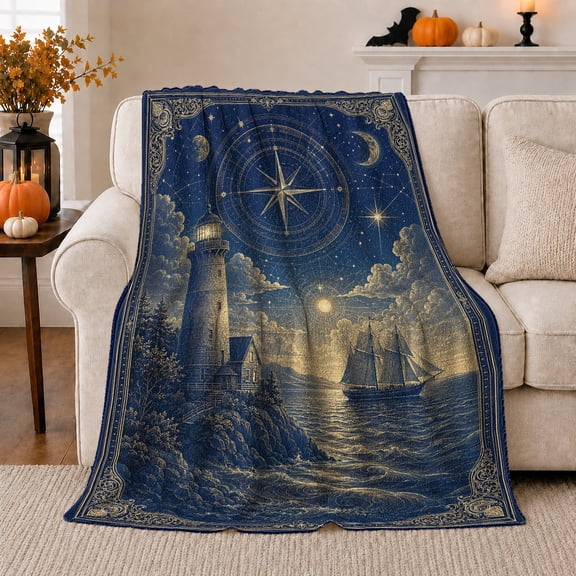 Lighthouse and Sailing Ship under Star Map, Dramatic Coastal Cartography Scene for Ocean Lovers, Housewarming Gift, Cozy Flannel Blanket for Beach House and Home Library, Coastal Home Decor
