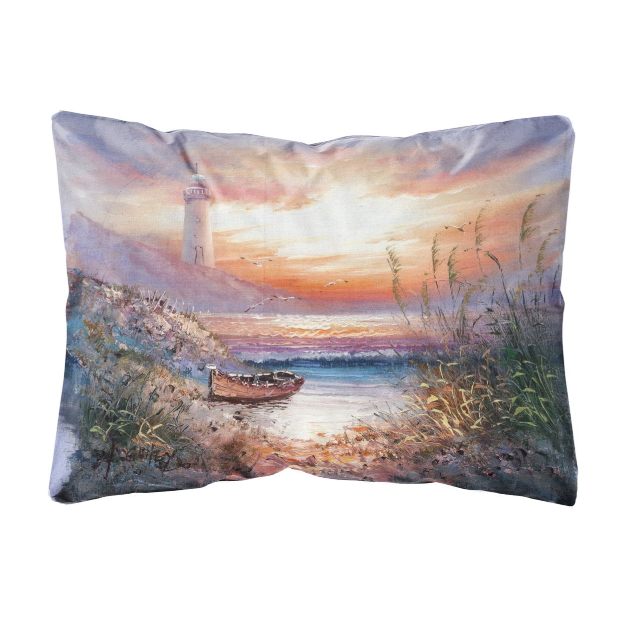 Lighthouse Scene with Boat Fabric Decorative Pillow