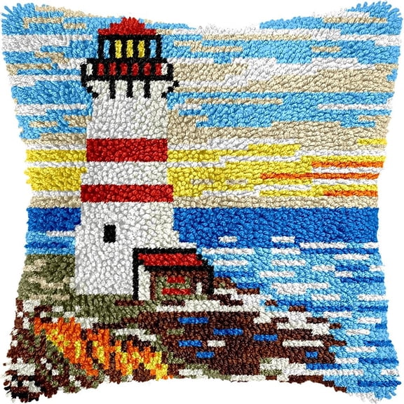 Lighthouse Scenery Latch Hook Pillow Kits DIY Pillowcase Cushion Cover Crochet Hooking Pillow Making Kits with Color Pattern Canvas Crochet Hooking Kits Pillow 43x43cm(RC-75)