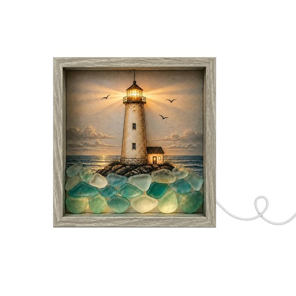 Lighthouse Sea Glass Shadow Box Night Light Beach Themed Room Decor Coastal Home Art for Living Room Bedroom Display