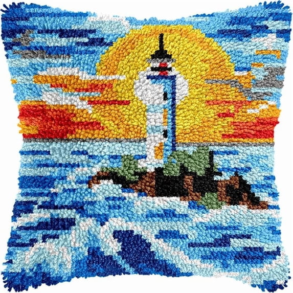 Lighthouse in Sea Latch Hook Pillow Cover Kits for DIY Handmade Throw Pillow Cross Stitch Latch Hooking Pillowcase Kits with Preprinted Color Pattern Canvas Crochet Yarn Kits 17''X 17''(a117)