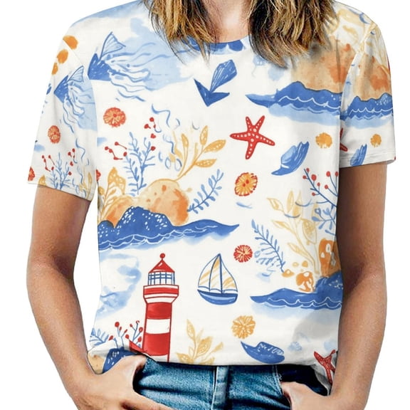 Lighthouse Sea Life Print-1 Women's Short Sleeve Tops Casual Blouses T Shirt