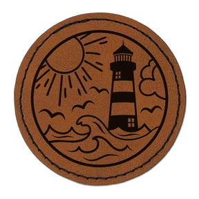 Lighthouse Sea Ocean Waves 2.5" Faux Leather Round Engraved Iron-On Patch - Brown