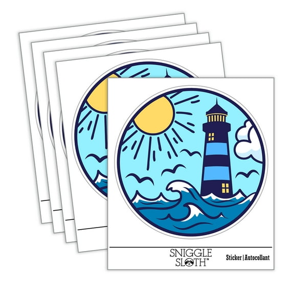 Lighthouse Sea Ocean Waves Car Window Bumper Water Bottle Phone Tablet Laptop Waterproof Vinyl Decal Sticker Set 5-Pack - Gloss Finish - 3.0"