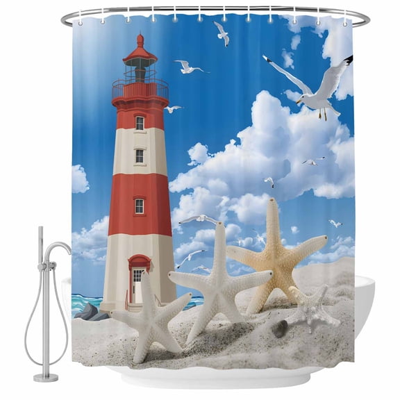 Lighthouse Seagull Bathroom Shower Curtains with Hooks, Starfish Summer Beach Sandy Waterproof Fabric Washable Shower Curtain for Home Hotel Bathtub Decor 36x72 Inch
