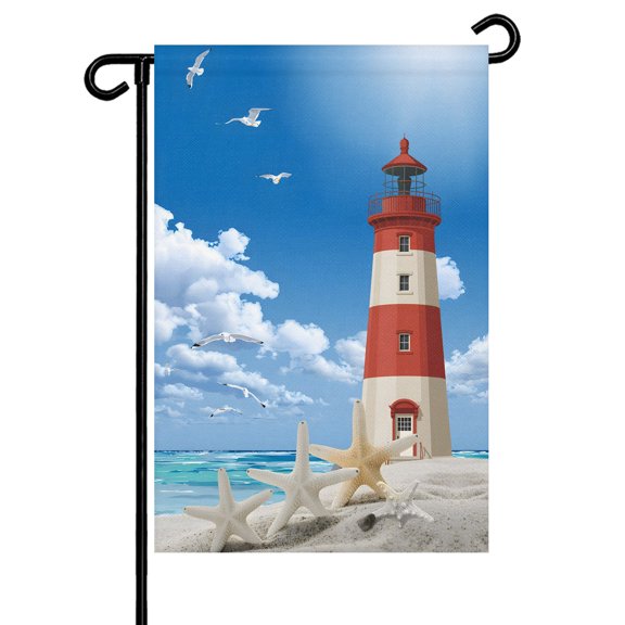 Lighthouse Seagull Garden Flag 12x18 Inch Starfish Summer Beach Sandy Double Sided Small Decorative Garden Flags for Outside, Outdoor Yard Porch Lawn Decoration