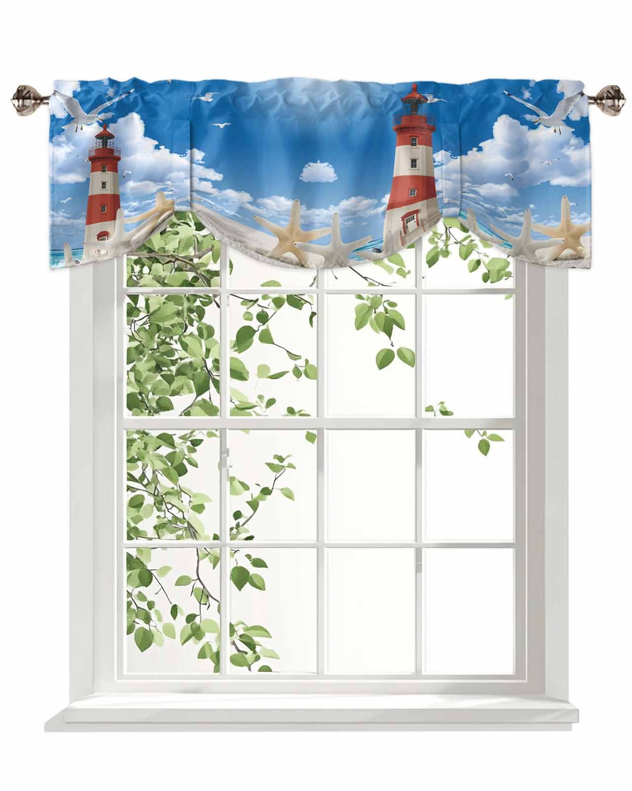 Lighthouse Seagull Tie Up Valances Curtain, Adjustable Kitchen Starfish Summer Beach Sandy Valances for Windows Decor, Rod Pocket Short Curtains Set for Bedroom/Bathroom, 54"x18"