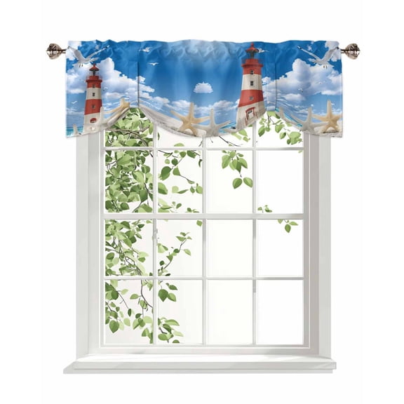 Lighthouse Seagull Tie Up Valances Curtain, Adjustable Kitchen Starfish Summer Beach Sandy Valances for Windows Decor, Rod Pocket Short Curtains Set for Bedroom/Bathroom, 54"x18"