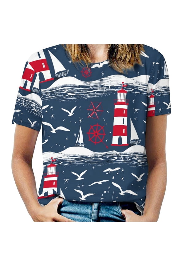Lighthouse Seagulls Navy Blue T Shirts Basic T-Shirt Short Sleeve Ladies Tee Shirt Summer Graphic Clothing