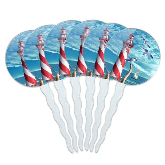 Lighthouse Seashore Ocean Beach Seagulls Sailboat Cupcake Picks Toppers Decoration Set of 6