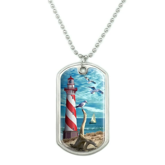 Lighthouse Seashore Ocean Beach Seagulls Sailboat Military Dog Tag Pendant Necklace with Chain