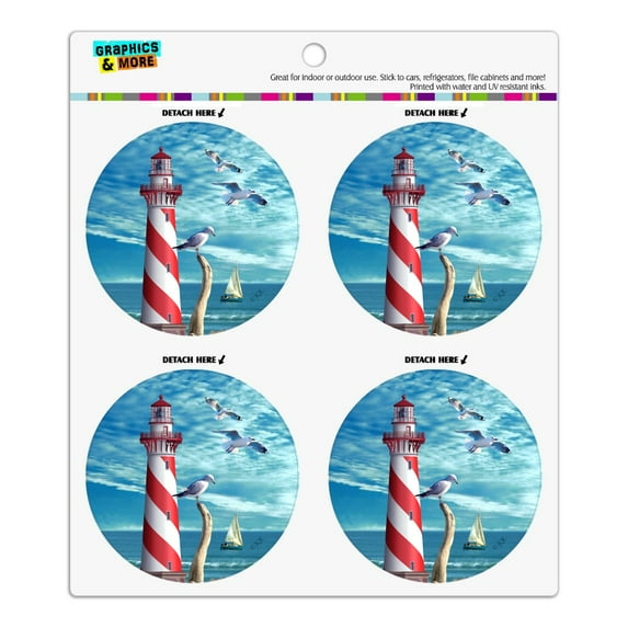 Lighthouse Seashore Ocean Beach Seagulls Sailboat Refrigerator Fridge Locker Vinyl Circle Magnet Set