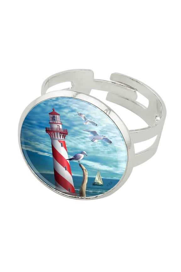 Lighthouse Seashore Ocean Beach Seagulls Sailboat Silver Plated Adjustable Novelty Ring