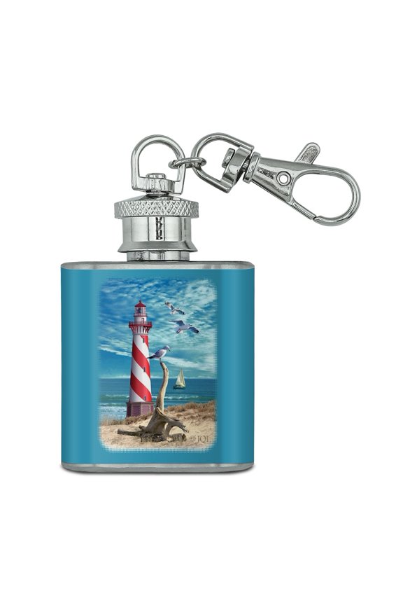 Lighthouse Seashore Ocean Beach Seagulls Sailboat Stainless Steel 1oz Mini Flask Key Chain