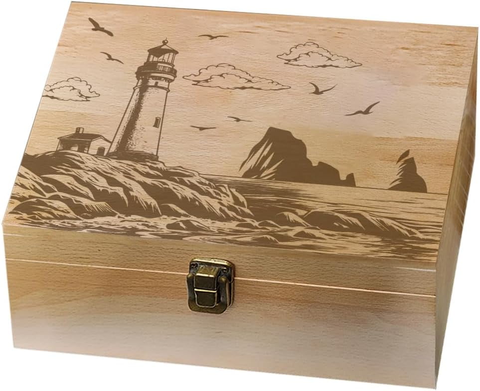 Lighthouse by the Seaside Theme Wooden Memory Keepsake Box Metal Knot Box with Hinged Lid and Lock Decorative Storage Box Stash Box for Photo Letter Souvenir Jewelry 7.6x9.6x4inch DIY