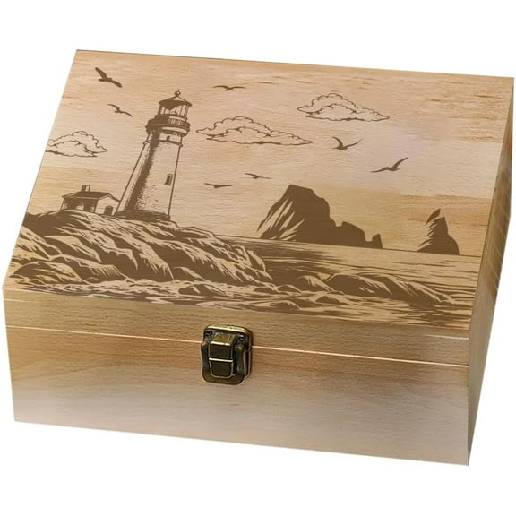 Lighthouse by the Seaside Theme Wooden Memory Keepsake Box Metal Knot Box with Hinged Lid and Lock Decorative Storage Box Stash Box for Photo Letter Souvenir Jewelry 7.6x9.6x4inch DIY