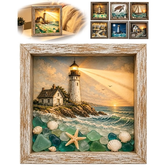 Lighthouse Shadow Box Night Light, Coastal Sea Glass Wall Decor with LED, Nautical Beach Themed Lamp for Bedroom Living Room Shelf Table