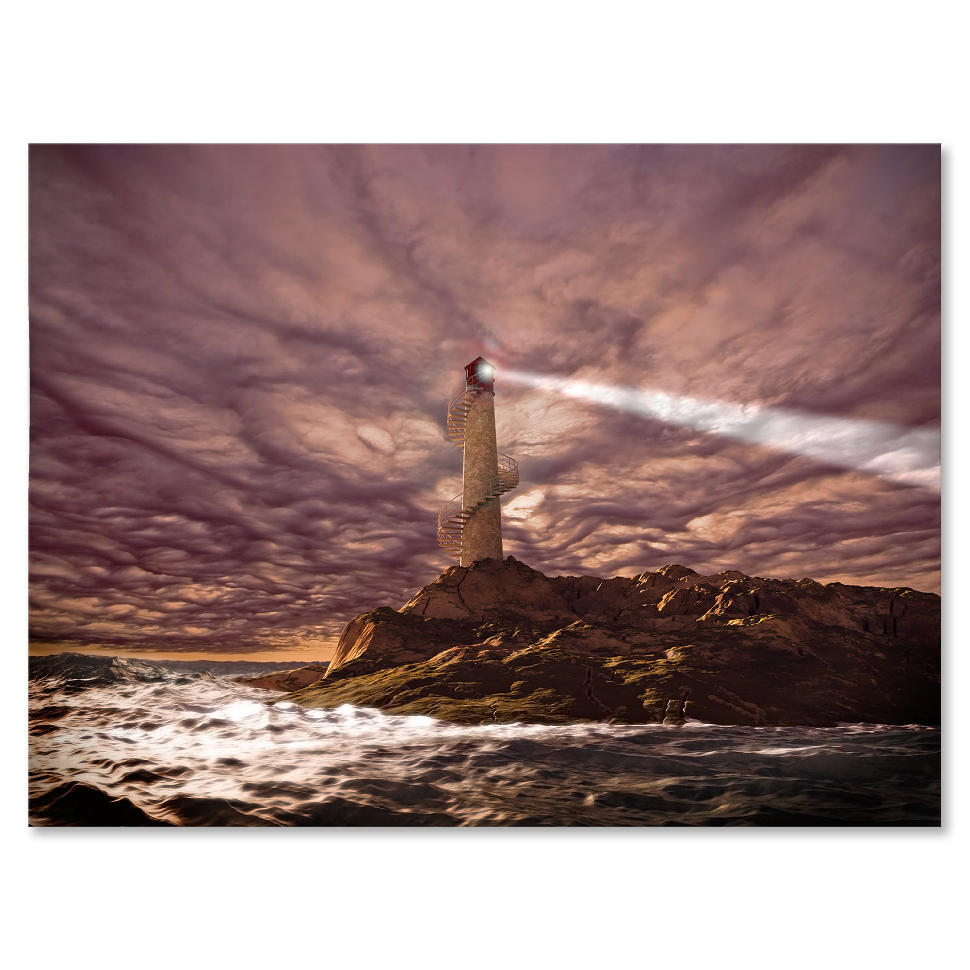 Lighthouse Shining Light During Stormy Clouds Night I 32 in x 16 in Painting Canvas Art Print, by Designart