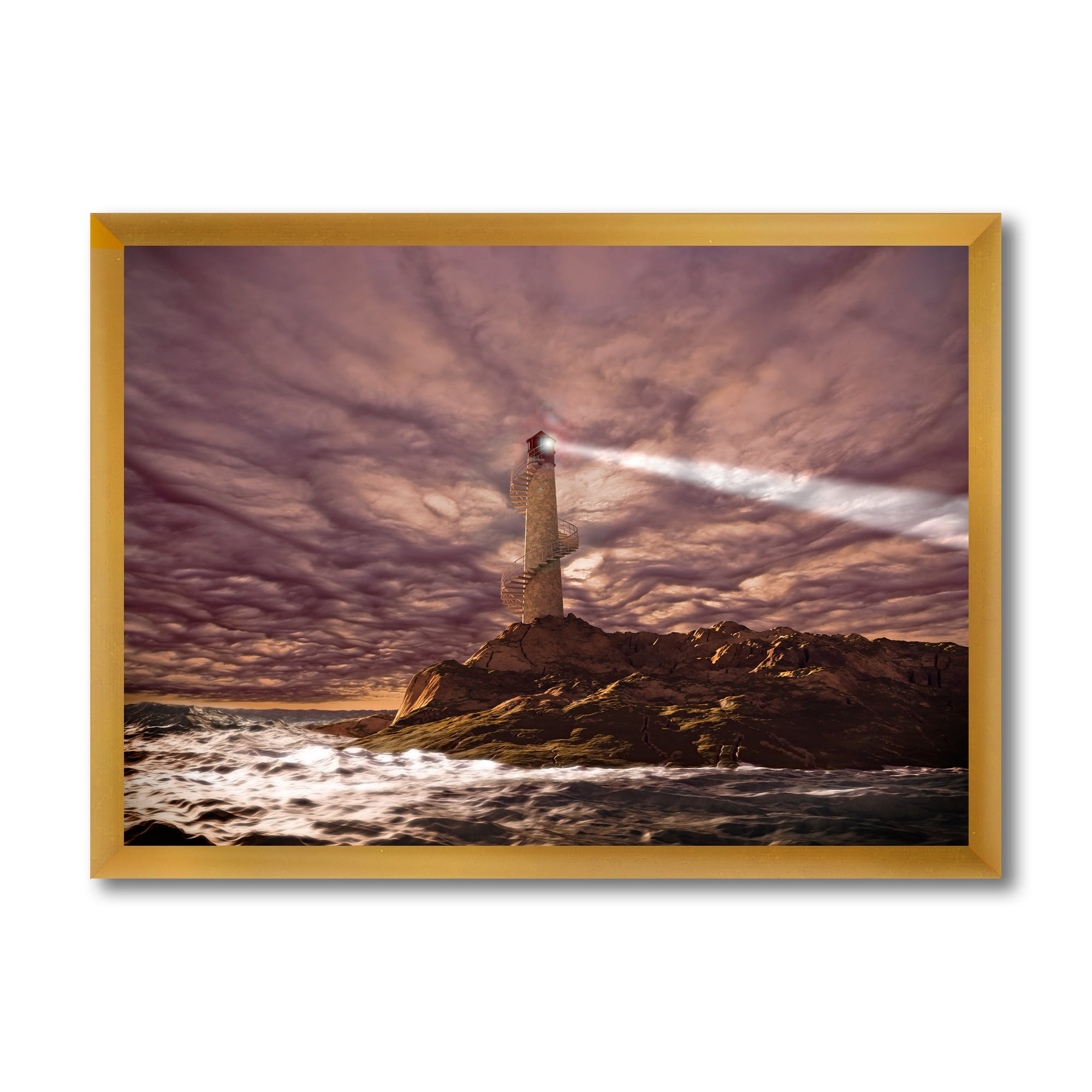 Lighthouse Shining Light During Stormy Clouds Night I 32 in x 24 in Framed Painting Canvas Art Print, by Designart
