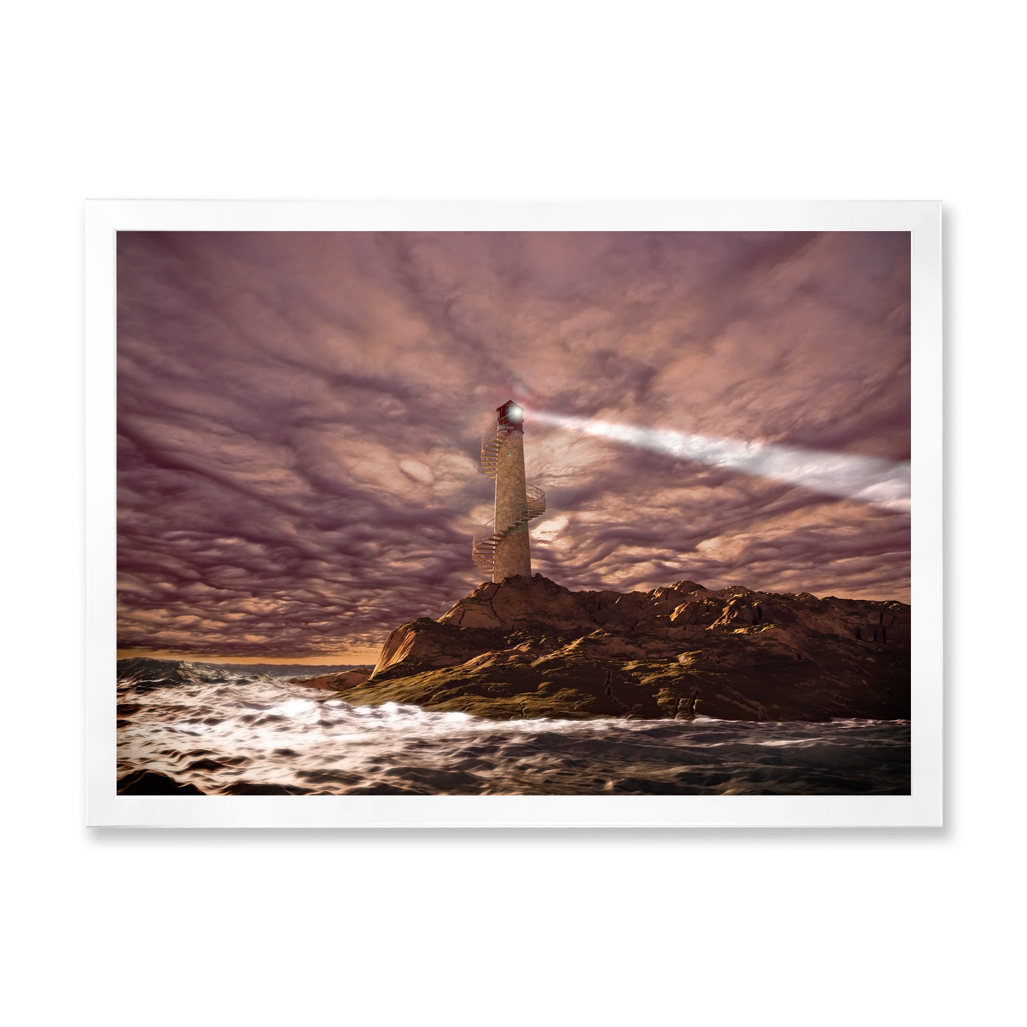 Lighthouse Shining Light During Stormy Clouds Night I 32 in x 24 in Framed Painting Canvas Art Print, by Designart