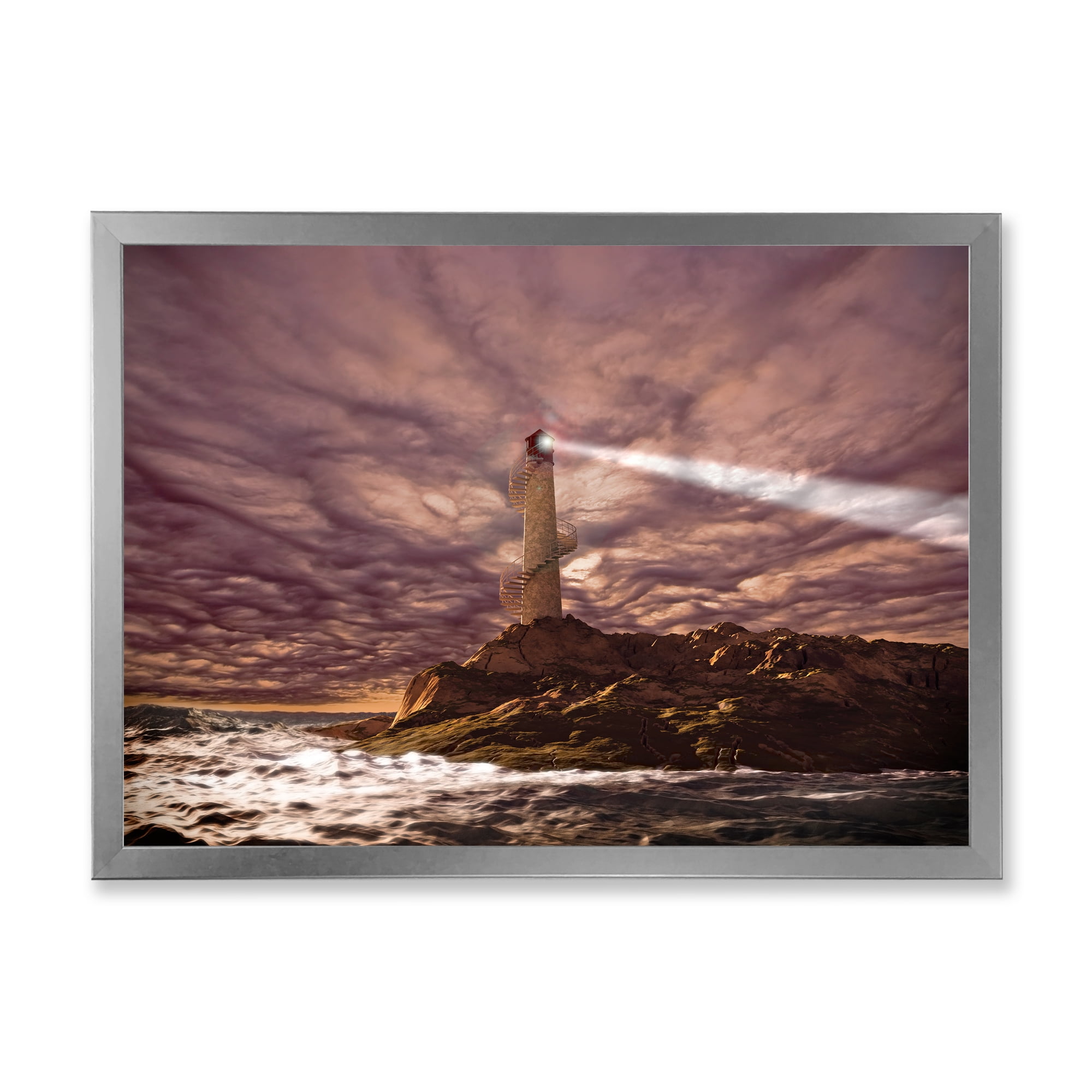 Lighthouse Shining Light During Stormy Clouds Night I 40 in x 30 in Framed Photography Canvas Art Print, by Designart