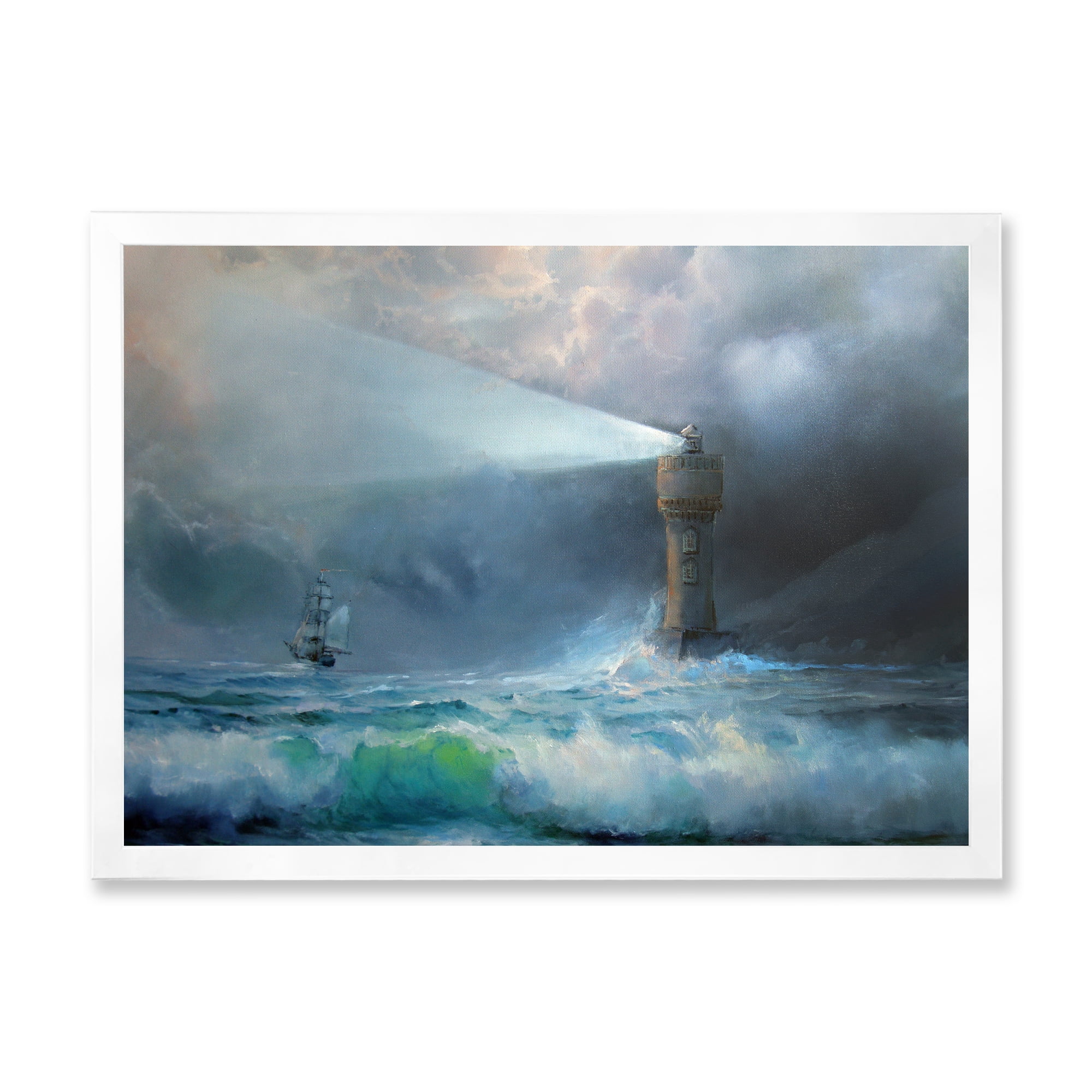 Lighthouse Shining Light During Stormy Clouds Night II 20 in x 12 in Framed Painting Canvas Art Print, by Designart