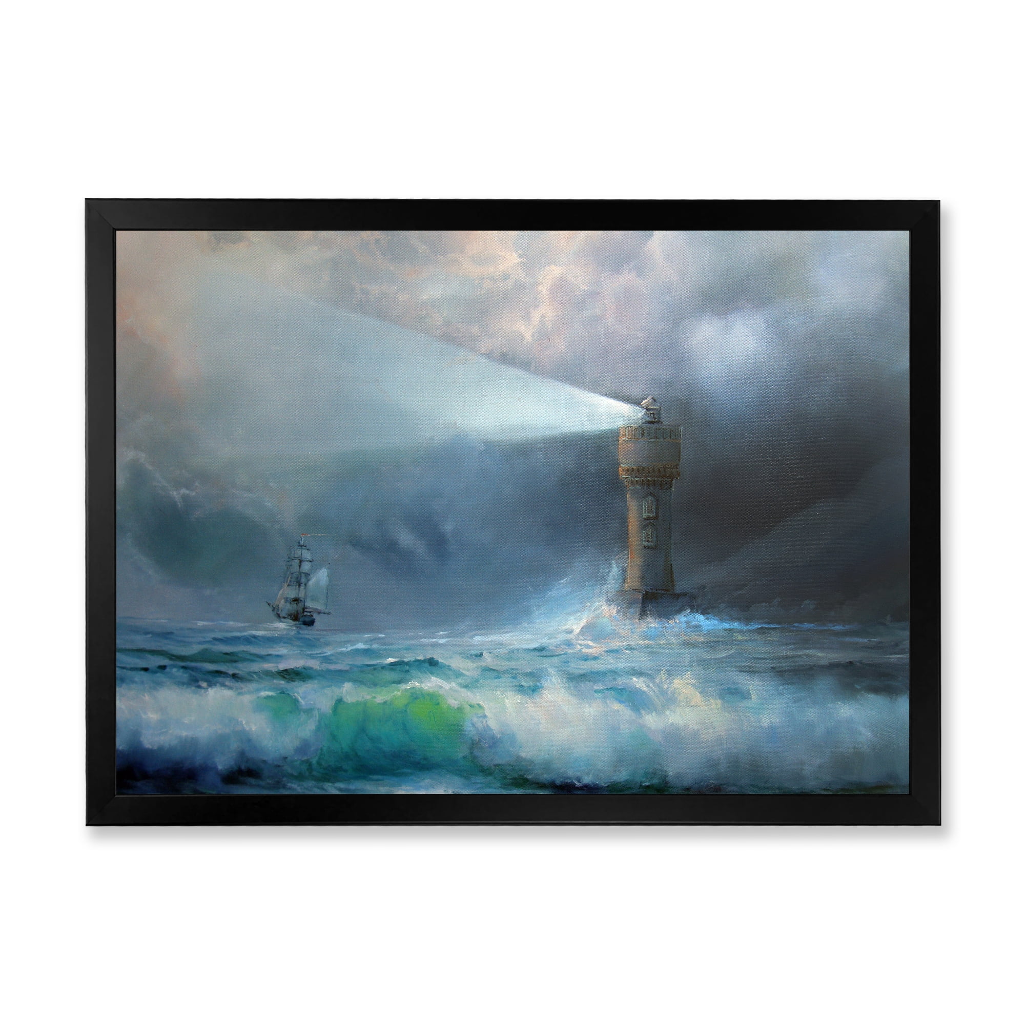 Lighthouse Shining Light During Stormy Clouds Night II 32 in x 24 in Framed Painting Canvas Art Print, by Designart